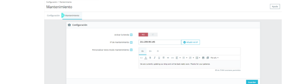Segundo paso para activar el modo mantenimiento de Prestashop